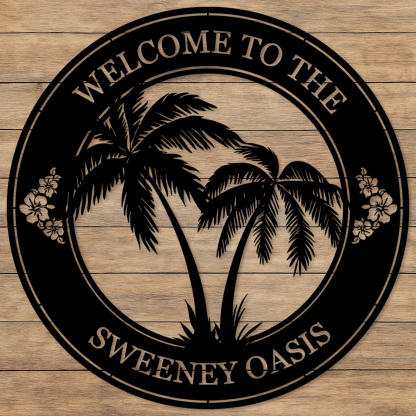 Custom Tropical Welcome Metal Sign, Personalized Palm Tree Wall Art with Family Name for Patio, Poolside, or Beach House Entry Decor