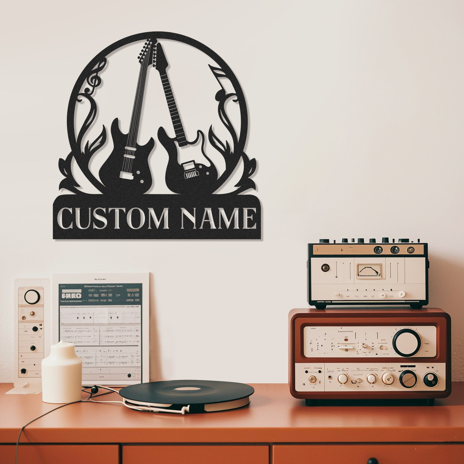 Personalized Guitar Wall Art Sign, Custom Name Metal Decor with Fire and Notes, Gift for Rock Music Lovers