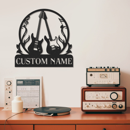 Personalized Guitar Wall Art Sign, Custom Name Metal Decor with Fire and Notes, Gift for Rock Music Lovers