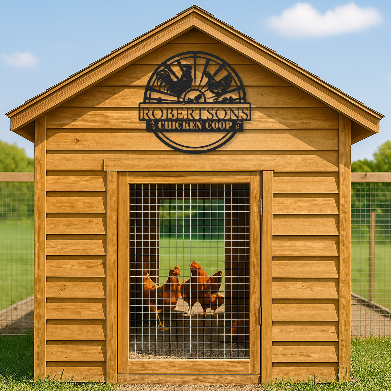 Custom Chicken Coop Sign with Sunrise Scene and Chicken Family, Personalized Farmhouse Metal Wall Art