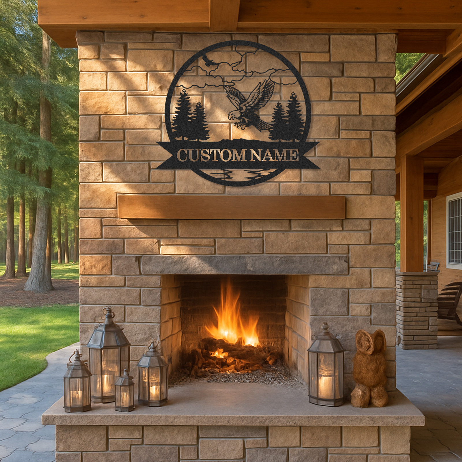 Personalized Eagle Metal Sign, Mountain Lodge Name Plaque, Rustic Forest Scene Decor