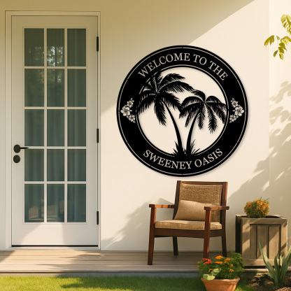 Custom Tropical Welcome Metal Sign, Personalized Palm Tree Wall Art with Family Name for Patio, Poolside, or Beach House Entry Decor
