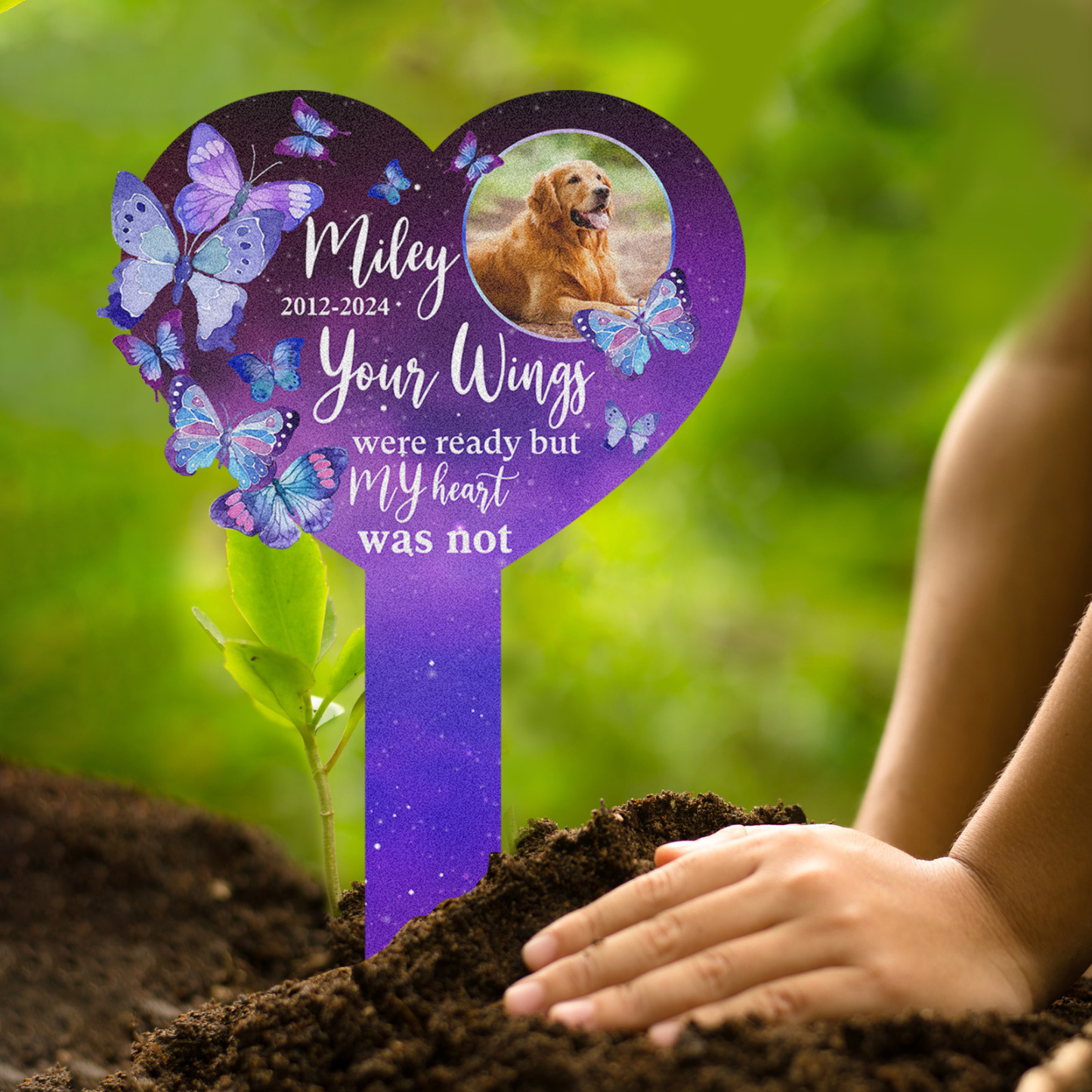 Custom Pet Memorial Heart Garden Stake, Personalized Butterfly Grave Marker with Photo and Quote for Dog or Cat