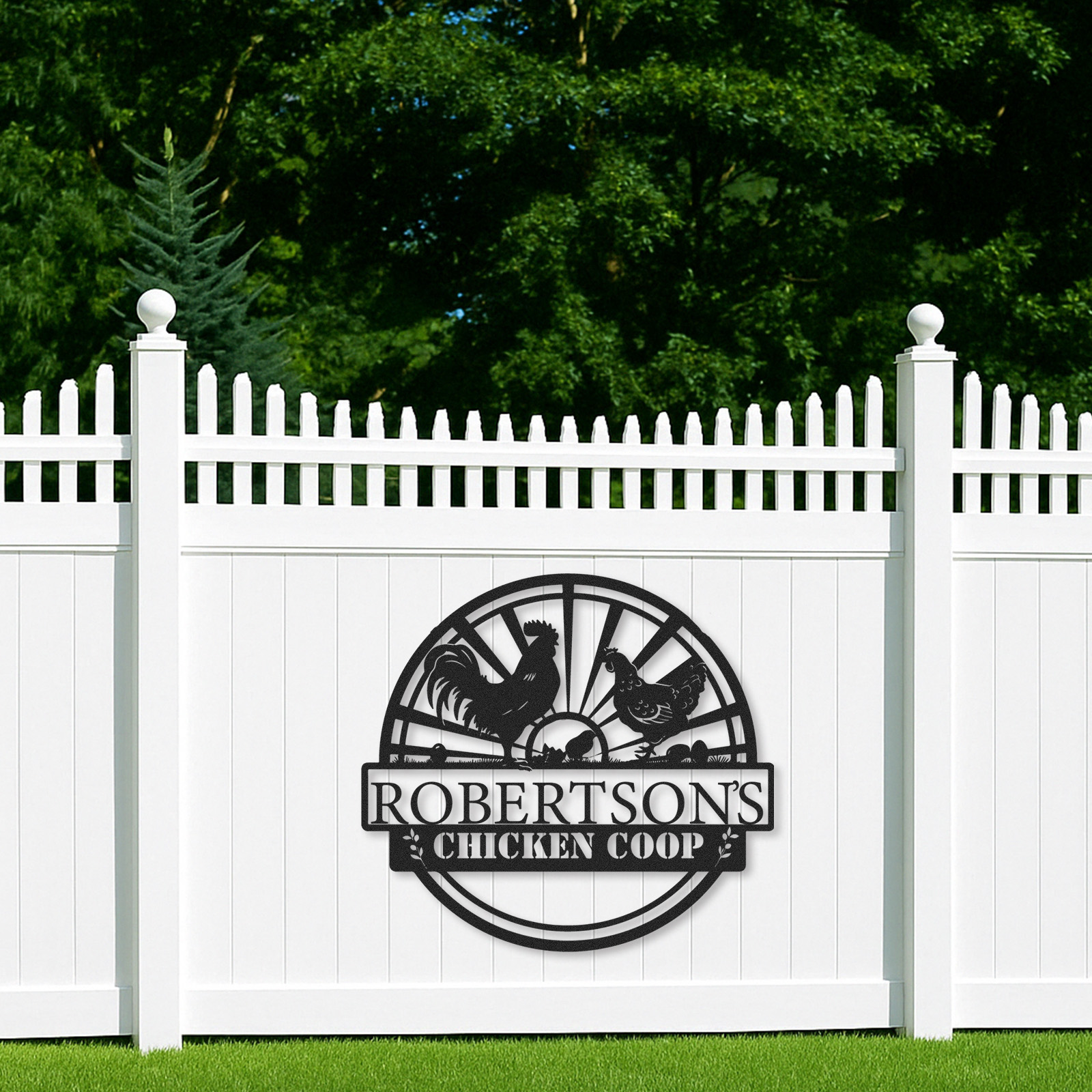 Custom Chicken Coop Sign with Sunrise Scene and Chicken Family, Personalized Farmhouse Metal Wall Art