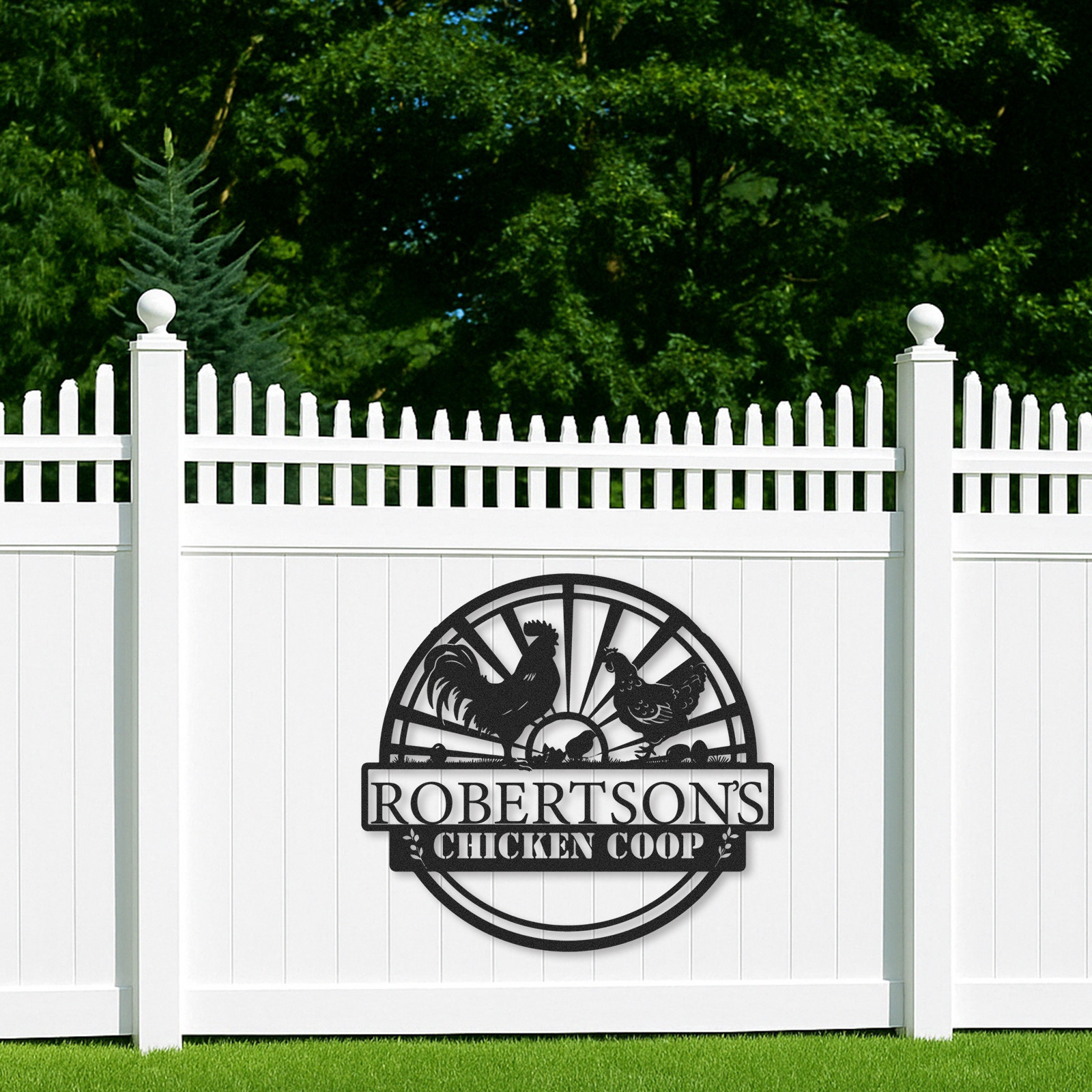 Custom Chicken Coop Sign with Sunrise Scene and Chicken Family, Personalized Farmhouse Metal Wall Art