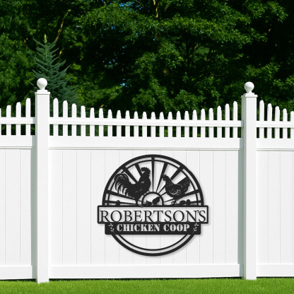 Custom Chicken Coop Sign with Sunrise Scene and Chicken Family, Personalized Farmhouse Metal Wall Art