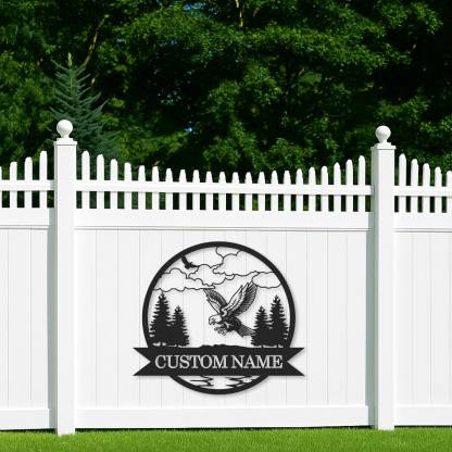 Personalized Eagle Metal Sign, Mountain Lodge Name Plaque, Rustic Forest Scene Decor