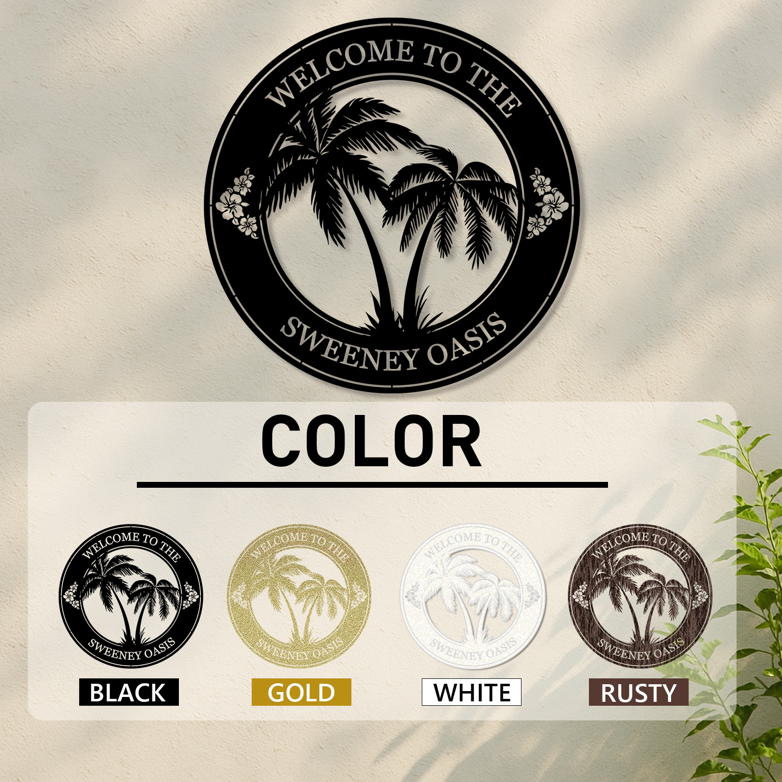 Custom Tropical Welcome Metal Sign, Personalized Palm Tree Wall Art with Family Name for Patio, Poolside, or Beach House Entry Decor