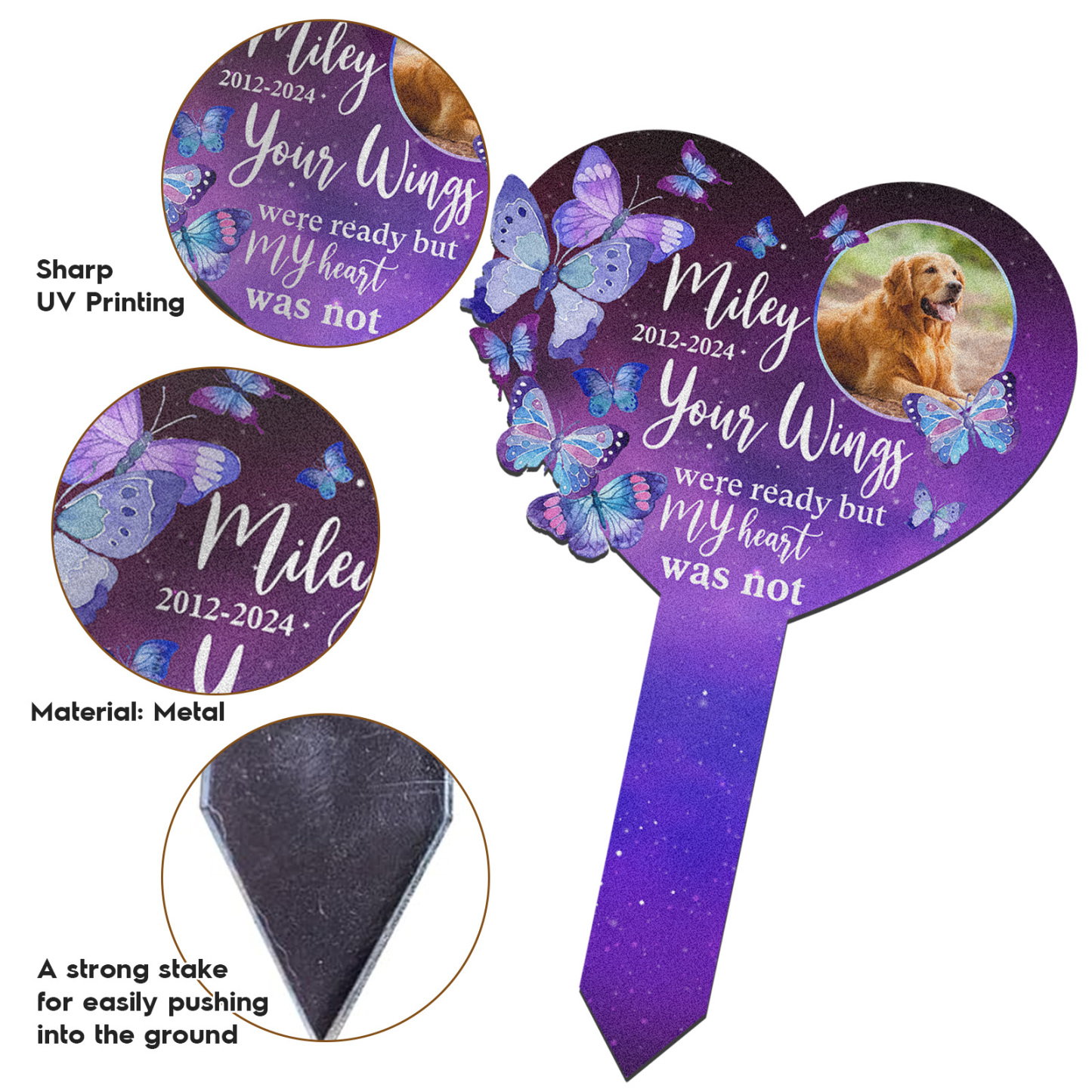 Custom Pet Memorial Heart Garden Stake, Personalized Butterfly Grave Marker with Photo and Quote for Dog or Cat
