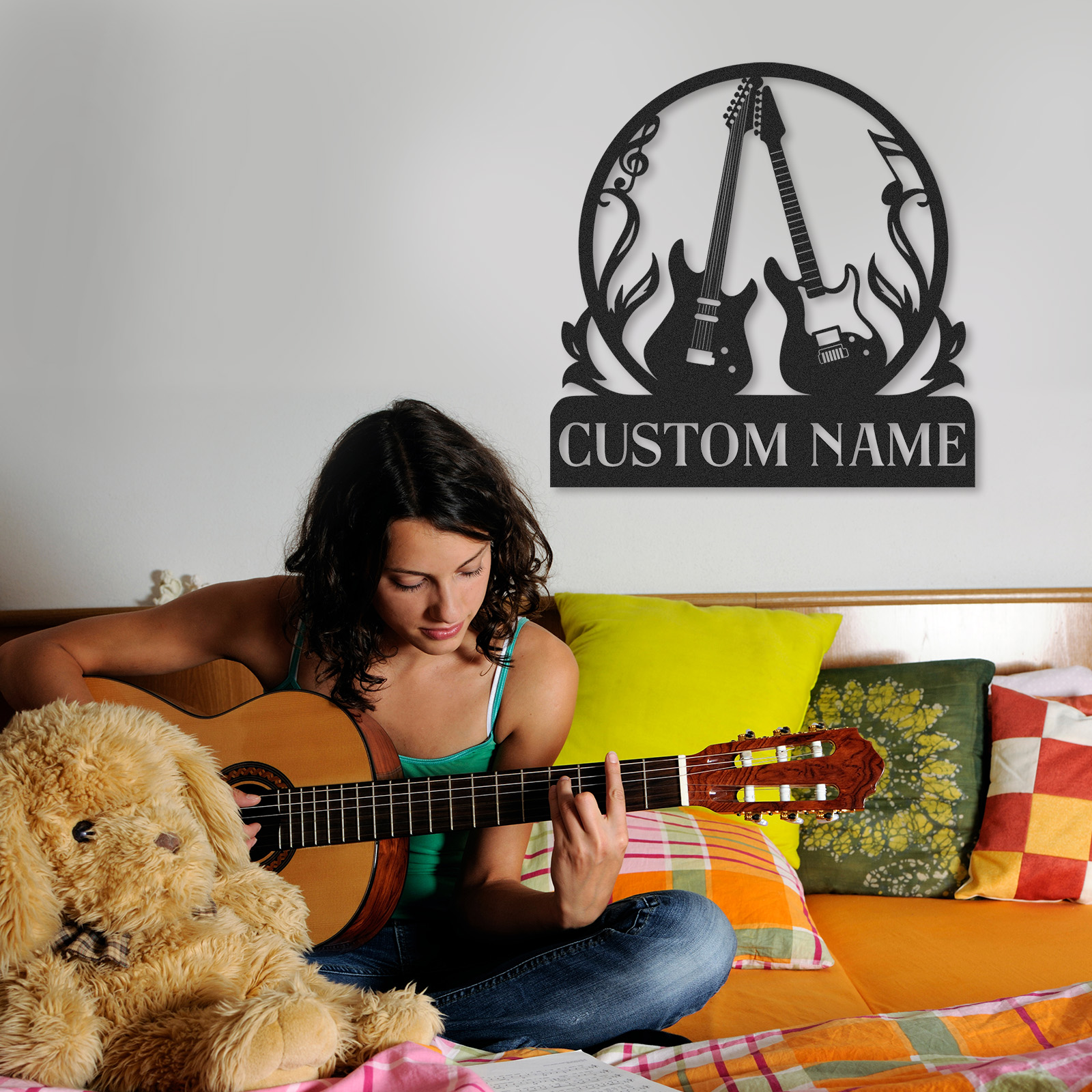 Personalized Guitar Wall Art Sign, Custom Name Metal Decor with Fire and Notes, Gift for Rock Music Lovers