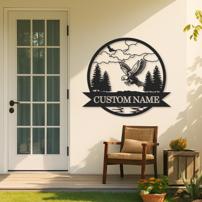 Personalized Eagle Metal Sign, Mountain Lodge Name Plaque, Rustic Forest Scene Decor