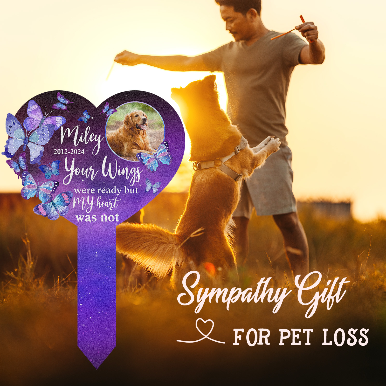 Custom Pet Memorial Heart Garden Stake, Personalized Butterfly Grave Marker with Photo and Quote for Dog or Cat