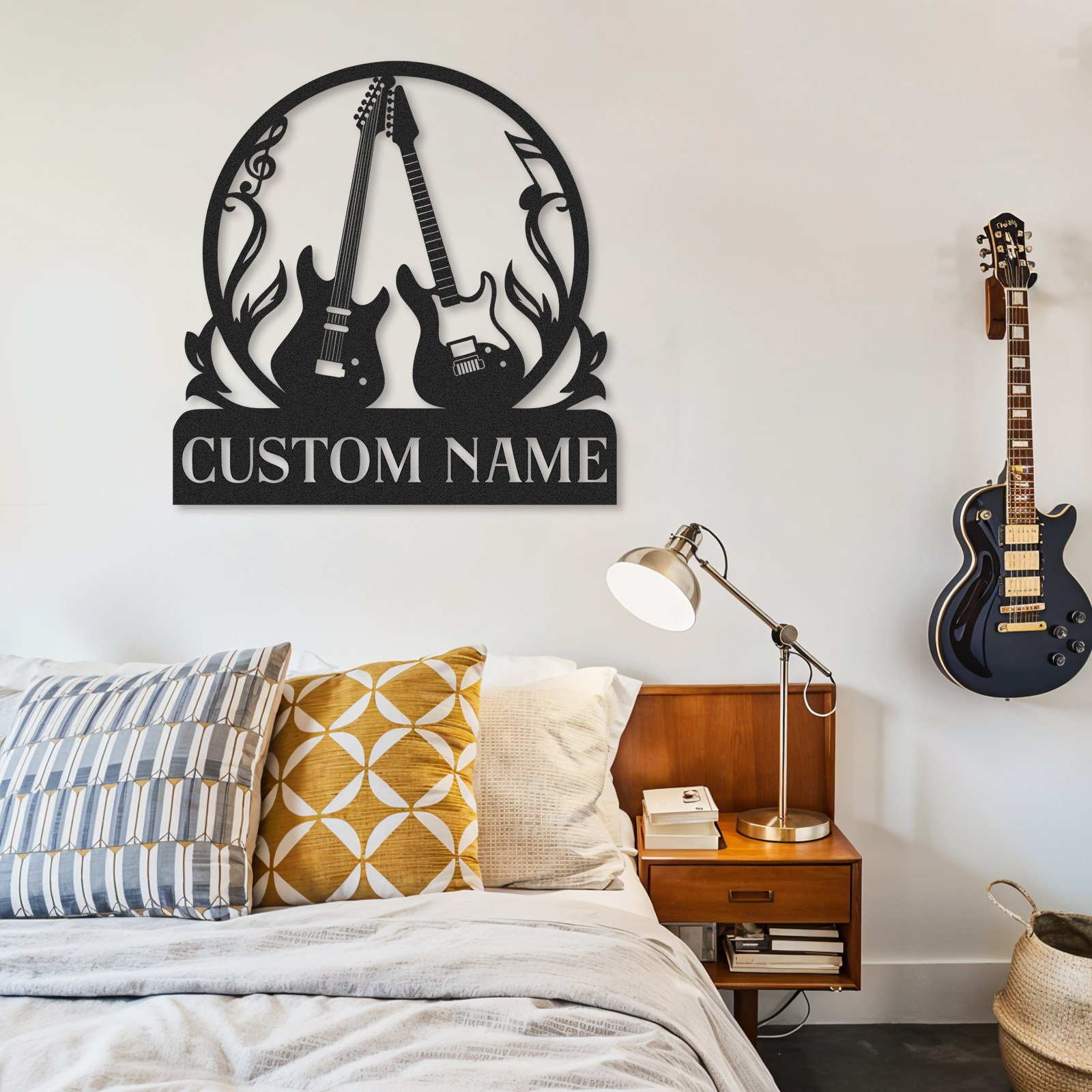 Personalized Guitar Wall Art Sign, Custom Name Metal Decor with Fire and Notes, Gift for Rock Music Lovers