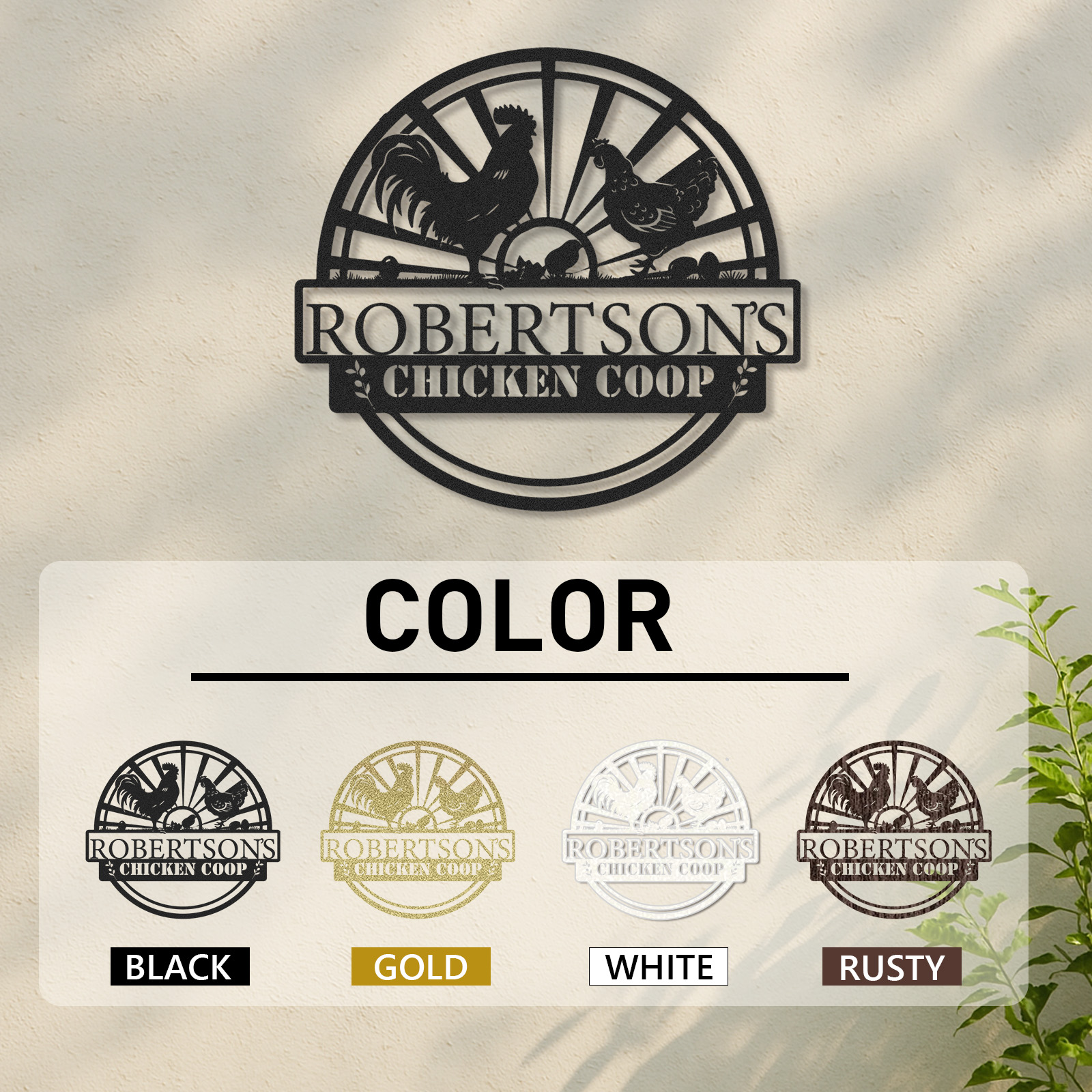 Custom Chicken Coop Sign with Sunrise Scene and Chicken Family, Personalized Farmhouse Metal Wall Art