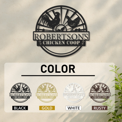 Custom Chicken Coop Sign with Sunrise Scene and Chicken Family, Personalized Farmhouse Metal Wall Art