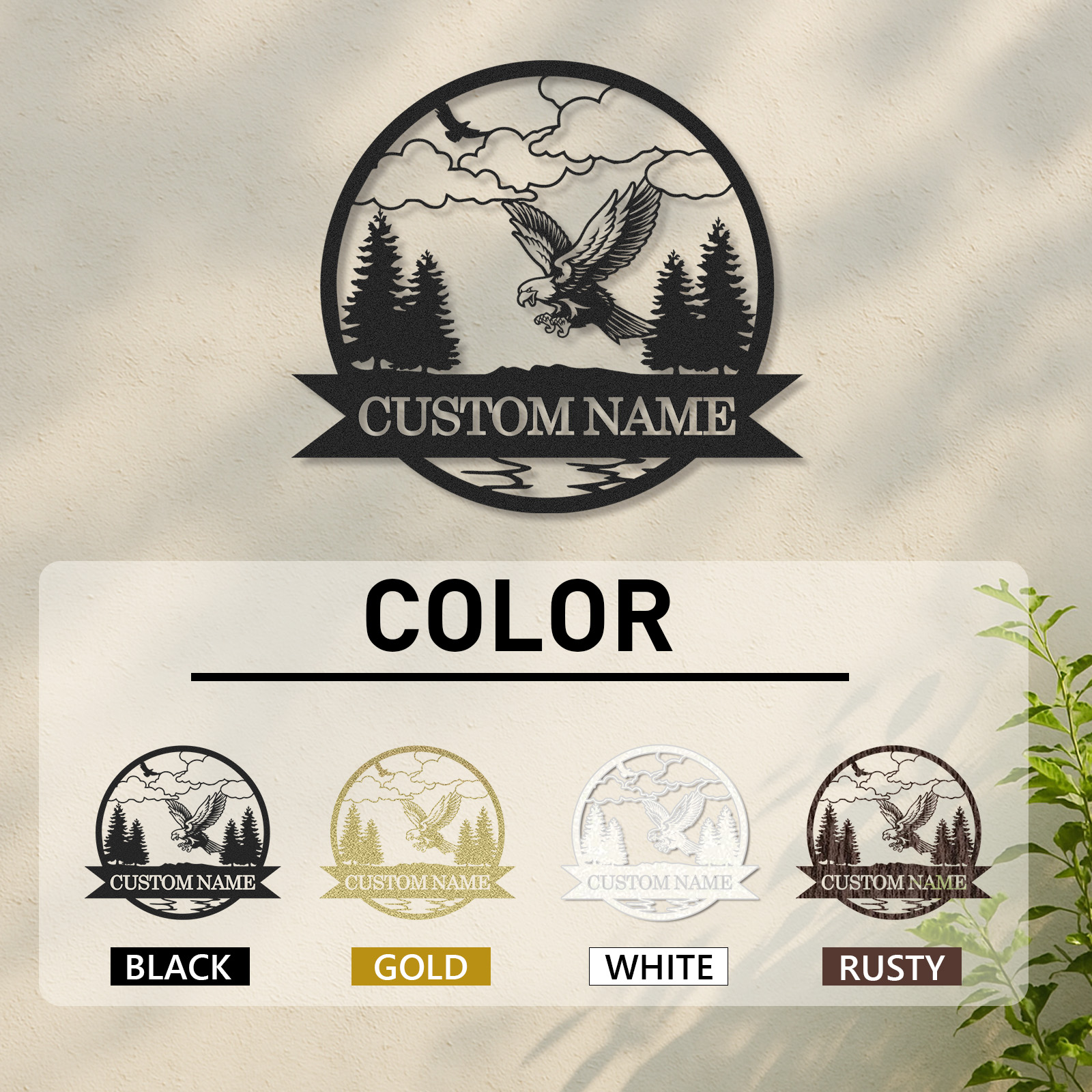 Personalized Eagle Metal Sign, Mountain Lodge Name Plaque, Rustic Forest Scene Decor