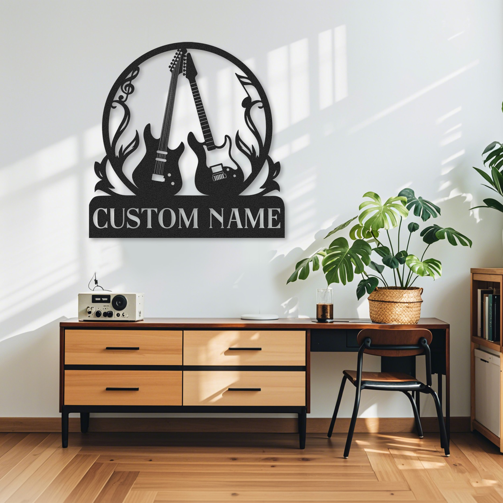 Personalized Guitar Wall Art Sign, Custom Name Metal Decor with Fire and Notes, Gift for Rock Music Lovers