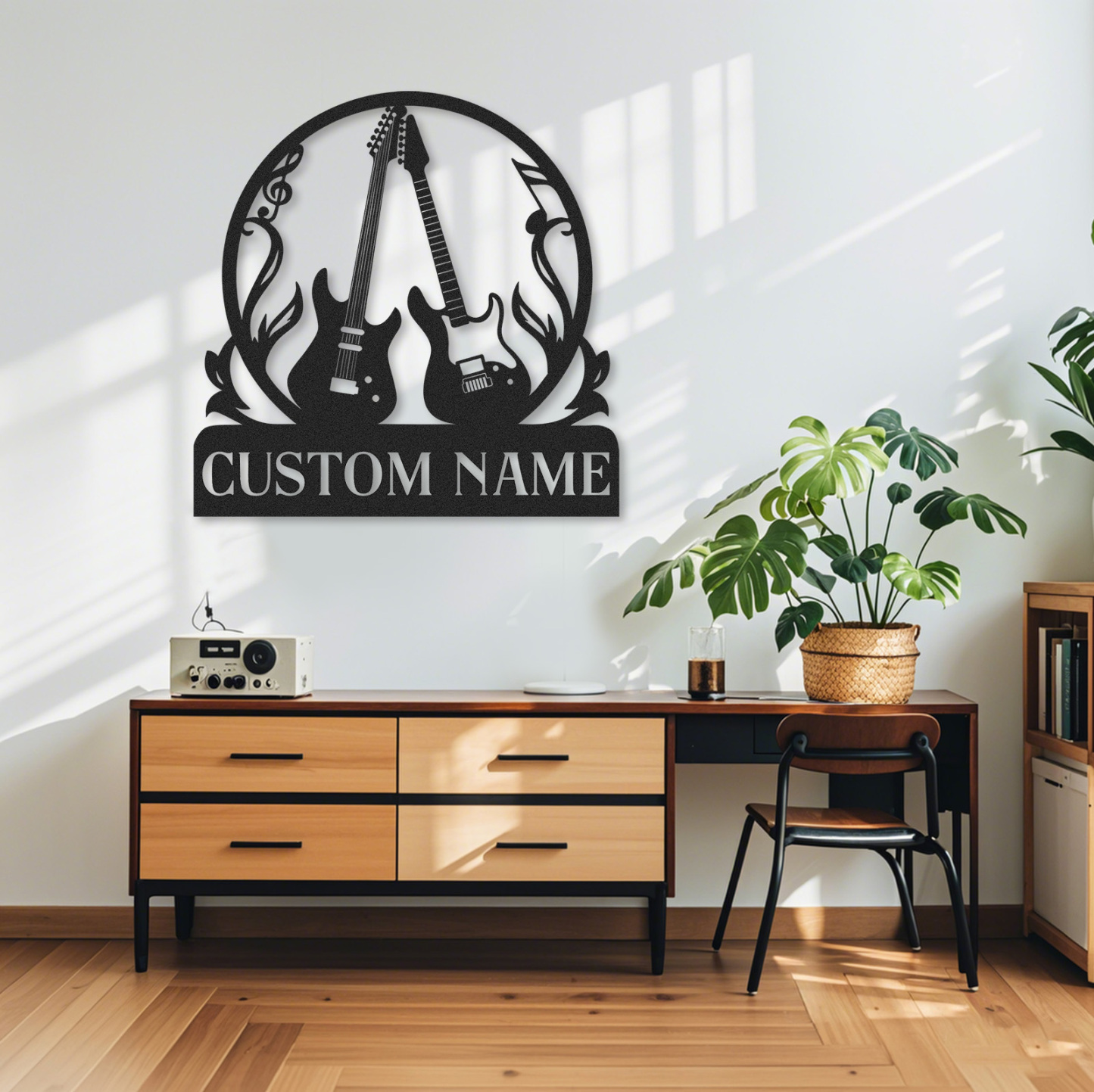 Personalized Guitar Wall Art Sign, Custom Name Metal Decor with Fire and Notes, Gift for Rock Music Lovers