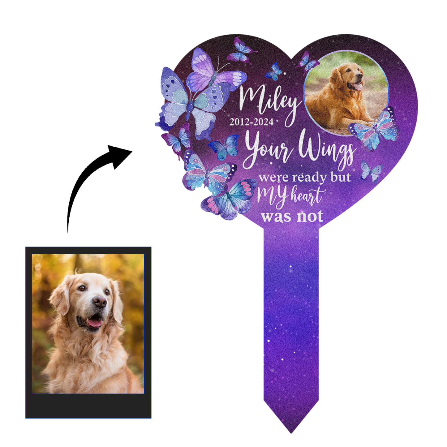 Custom Pet Memorial Heart Garden Stake, Personalized Butterfly Grave Marker with Photo and Quote for Dog or Cat