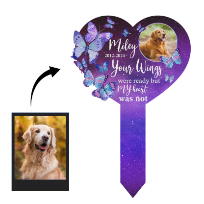 Custom Pet Memorial Heart Garden Stake, Personalized Butterfly Grave Marker with Photo and Quote for Dog or Cat