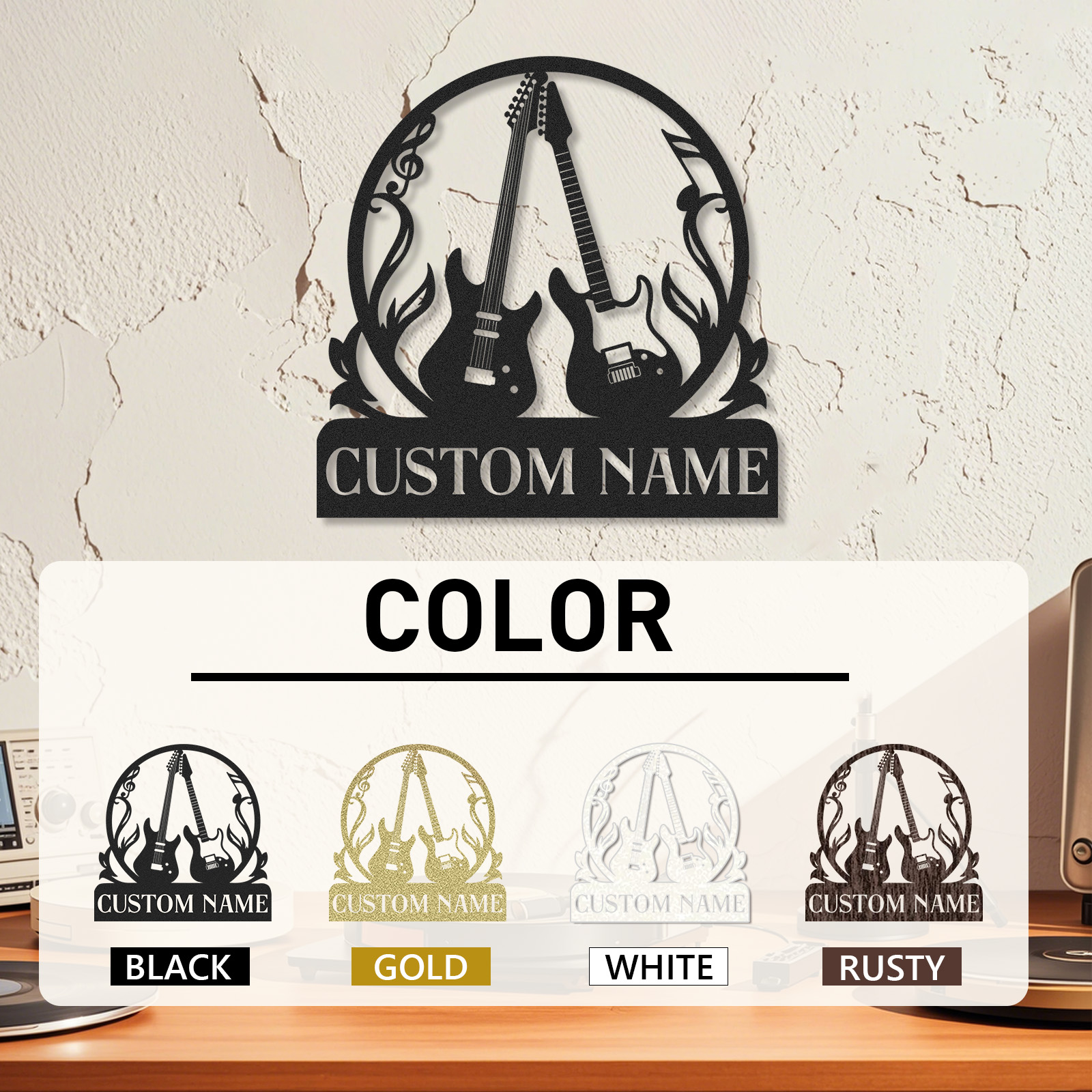 Personalized Guitar Wall Art Sign, Custom Name Metal Decor with Fire and Notes, Gift for Rock Music Lovers