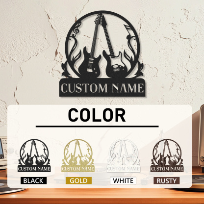 Personalized Guitar Wall Art Sign, Custom Name Metal Decor with Fire and Notes, Gift for Rock Music Lovers