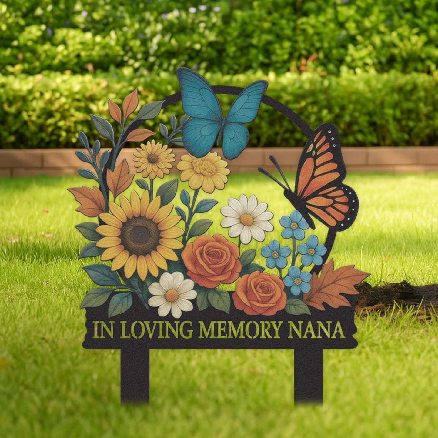 Personalized Memorial Garden Sign, Custom Metal Garden Stake with Flowers and Butterflies, In Loving Memory Yard Sign, Garden Remembrance Decor Gift