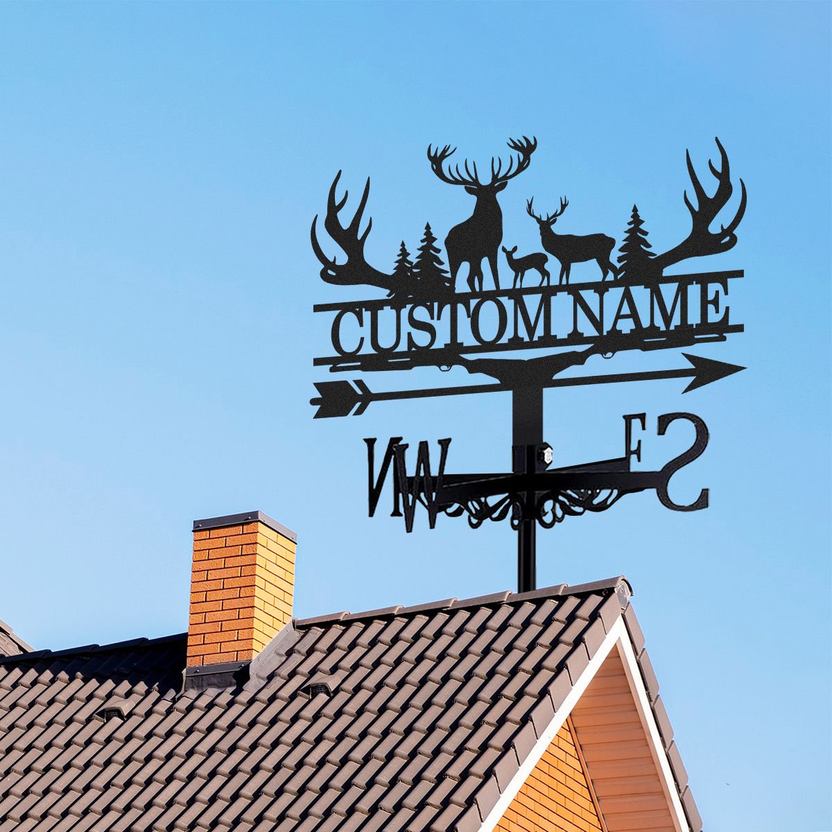Personalized Deer Family Metal Weather Vane with Custom Name, Elk Antlers Forest Wind Direction Indicator Outdoor Roof Decor for Cabin Lodge Yard