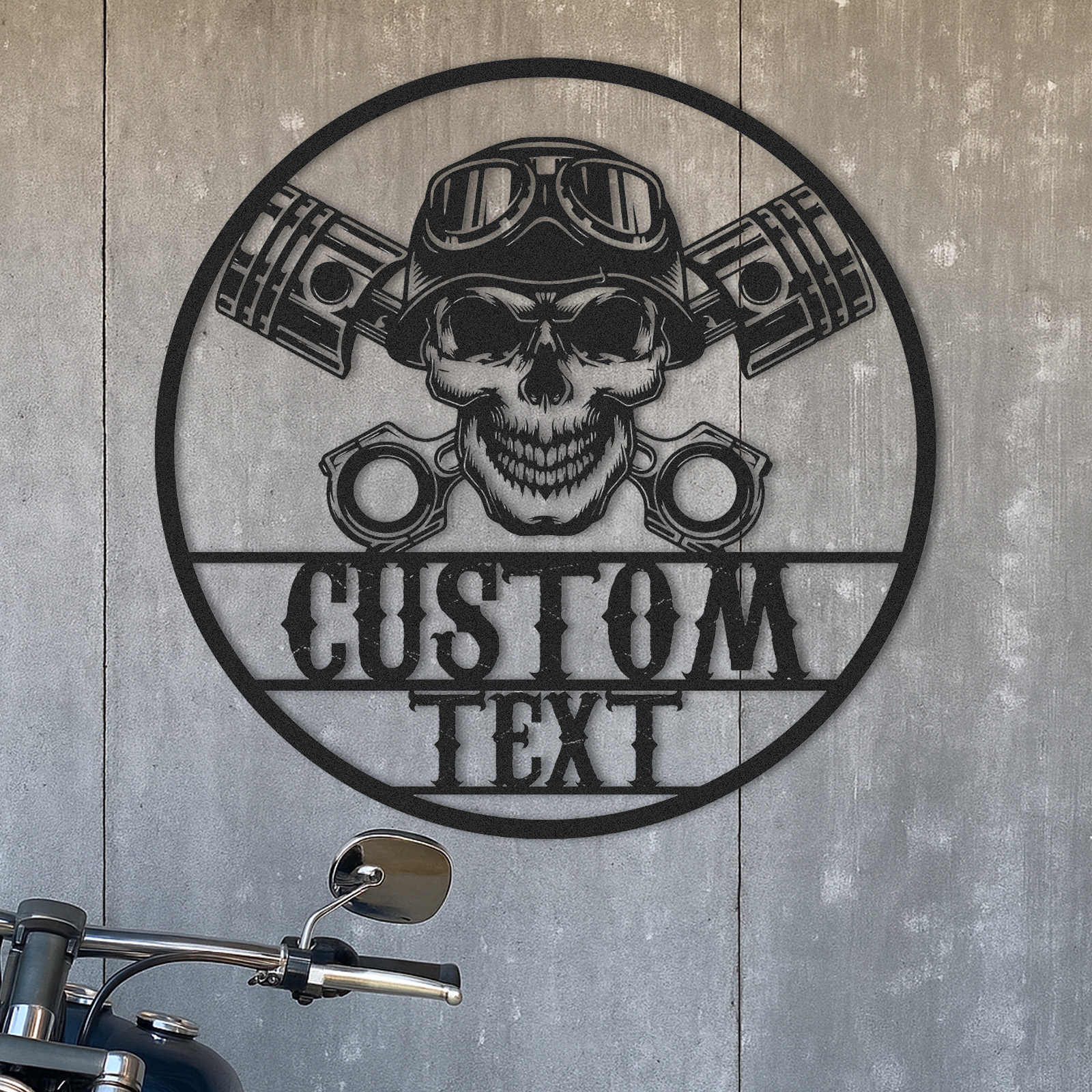 Custom Skull Biker Garage Sign, Personalized Motorcycle Metal Wall Art with Pistons and Goggles, Tough Metal Decor Gift for Biker, Mechanic, or Man Cave