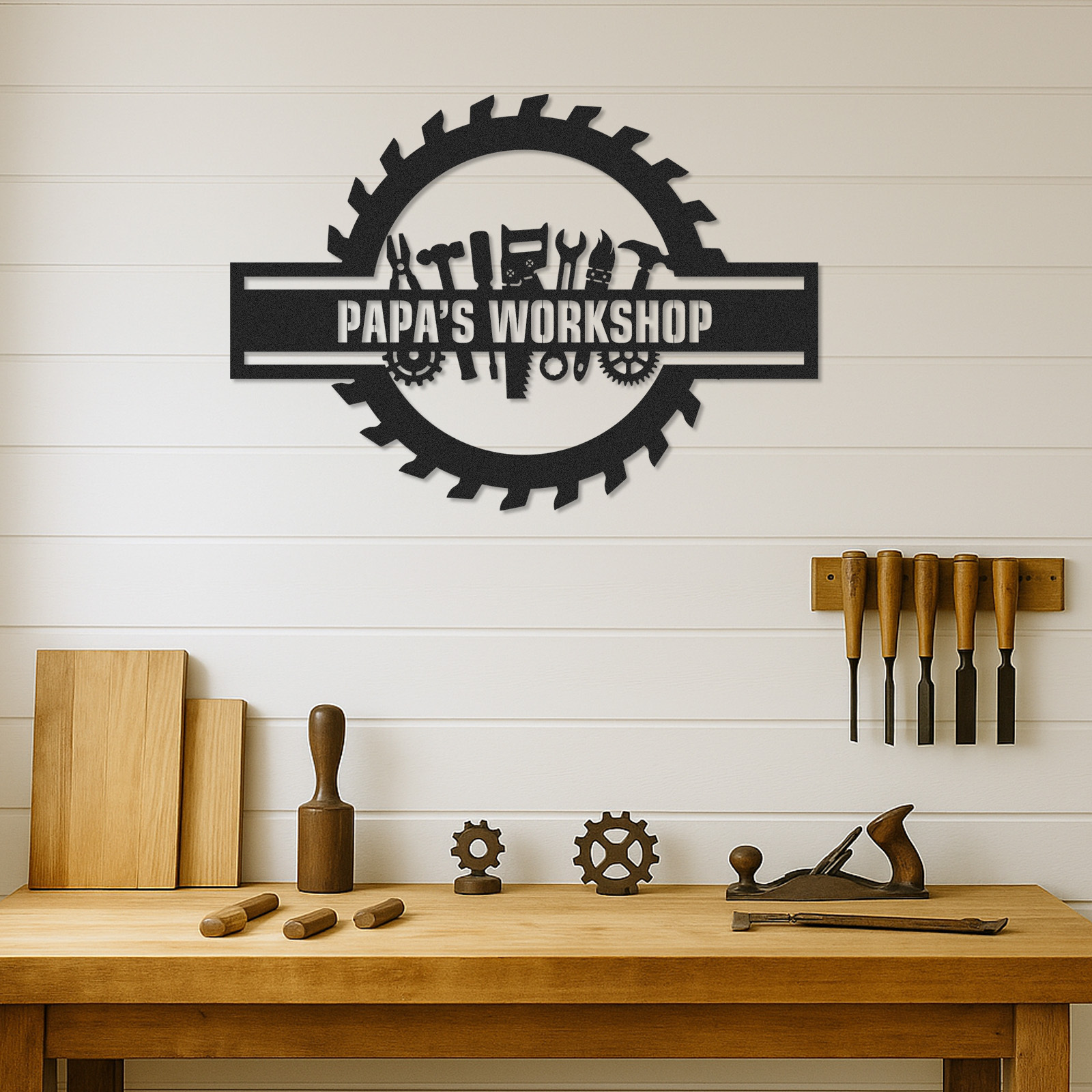 Custom Workshop Sign with Tools, Personalized Papa's Garage Metal Decor, Circular Saw Blade Wall Art for Dad or Grandpa, Gift for Handyman