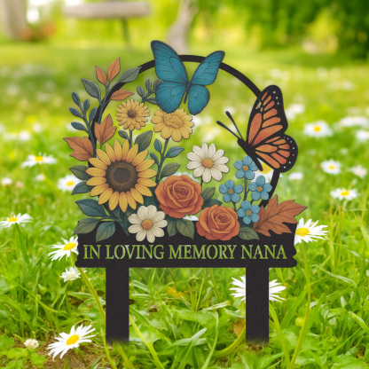 Personalized Memorial Garden Sign, Custom Metal Garden Stake with Flowers and Butterflies, In Loving Memory Yard Sign, Garden Remembrance Decor Gift