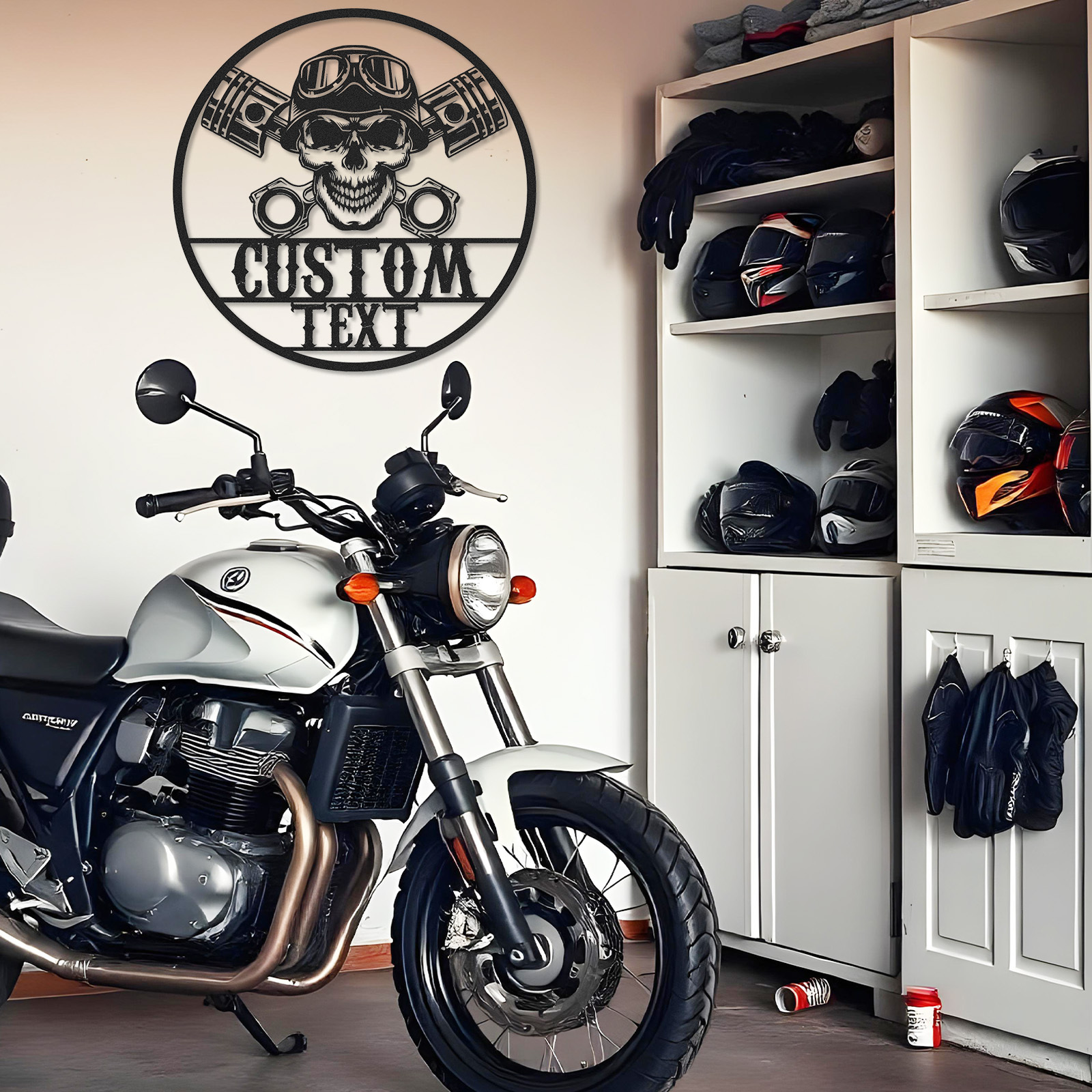 Custom Skull Biker Garage Sign, Personalized Motorcycle Metal Wall Art with Pistons and Goggles, Tough Metal Decor Gift for Biker, Mechanic, or Man Cave