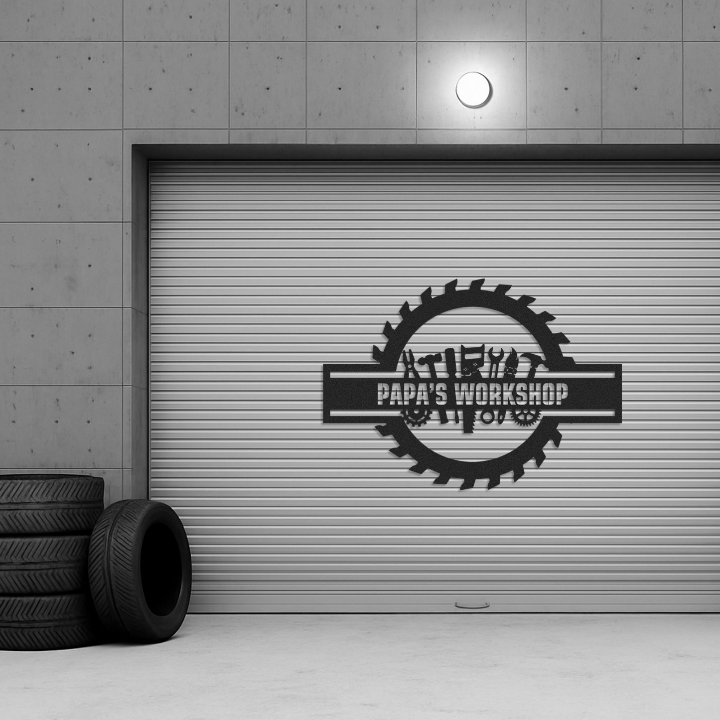 Custom Workshop Sign with Tools, Personalized Papa's Garage Metal Decor, Circular Saw Blade Wall Art for Dad or Grandpa, Gift for Handyman