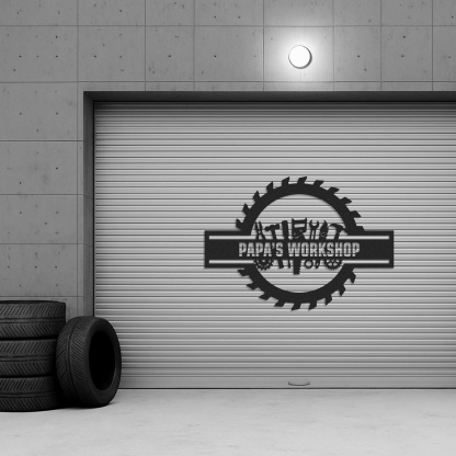 Custom Workshop Sign with Tools, Personalized Papa's Garage Metal Decor, Circular Saw Blade Wall Art for Dad or Grandpa, Gift for Handyman