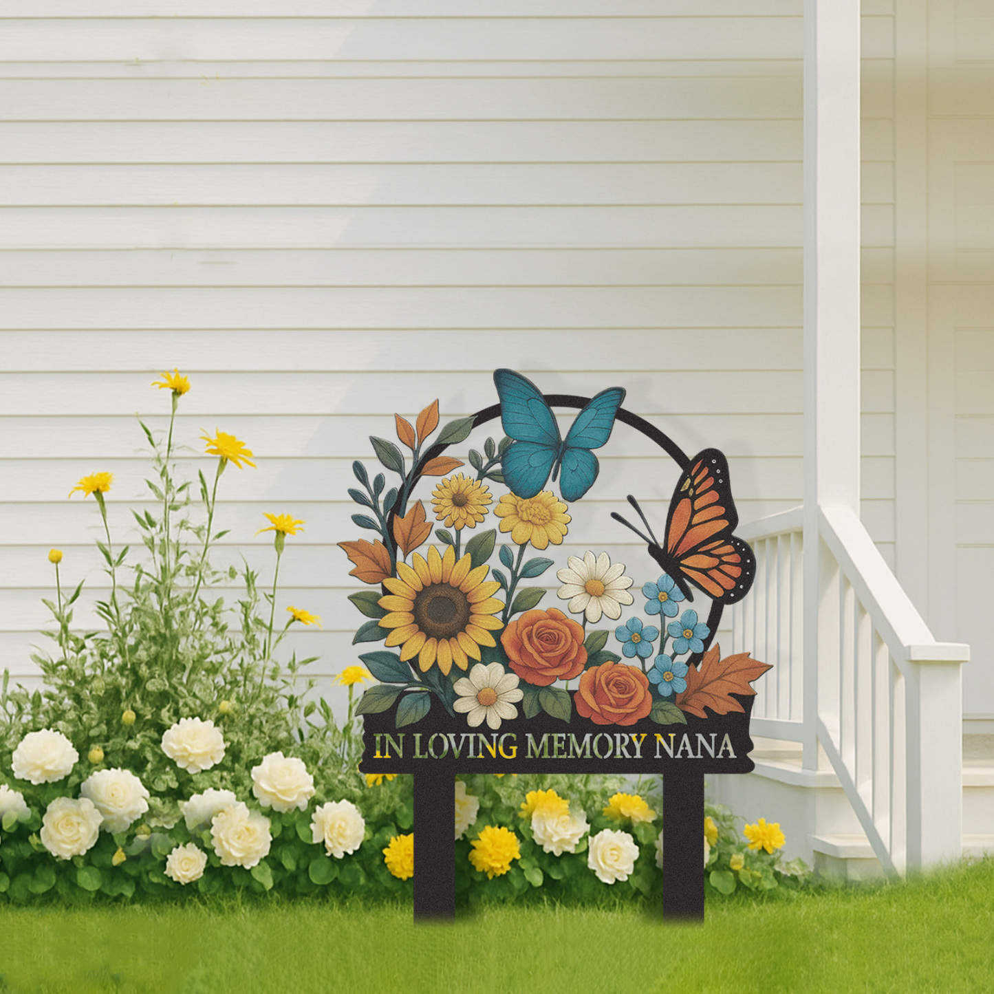 Personalized Memorial Garden Sign, Custom Metal Garden Stake with Flowers and Butterflies, In Loving Memory Yard Sign, Garden Remembrance Decor Gift