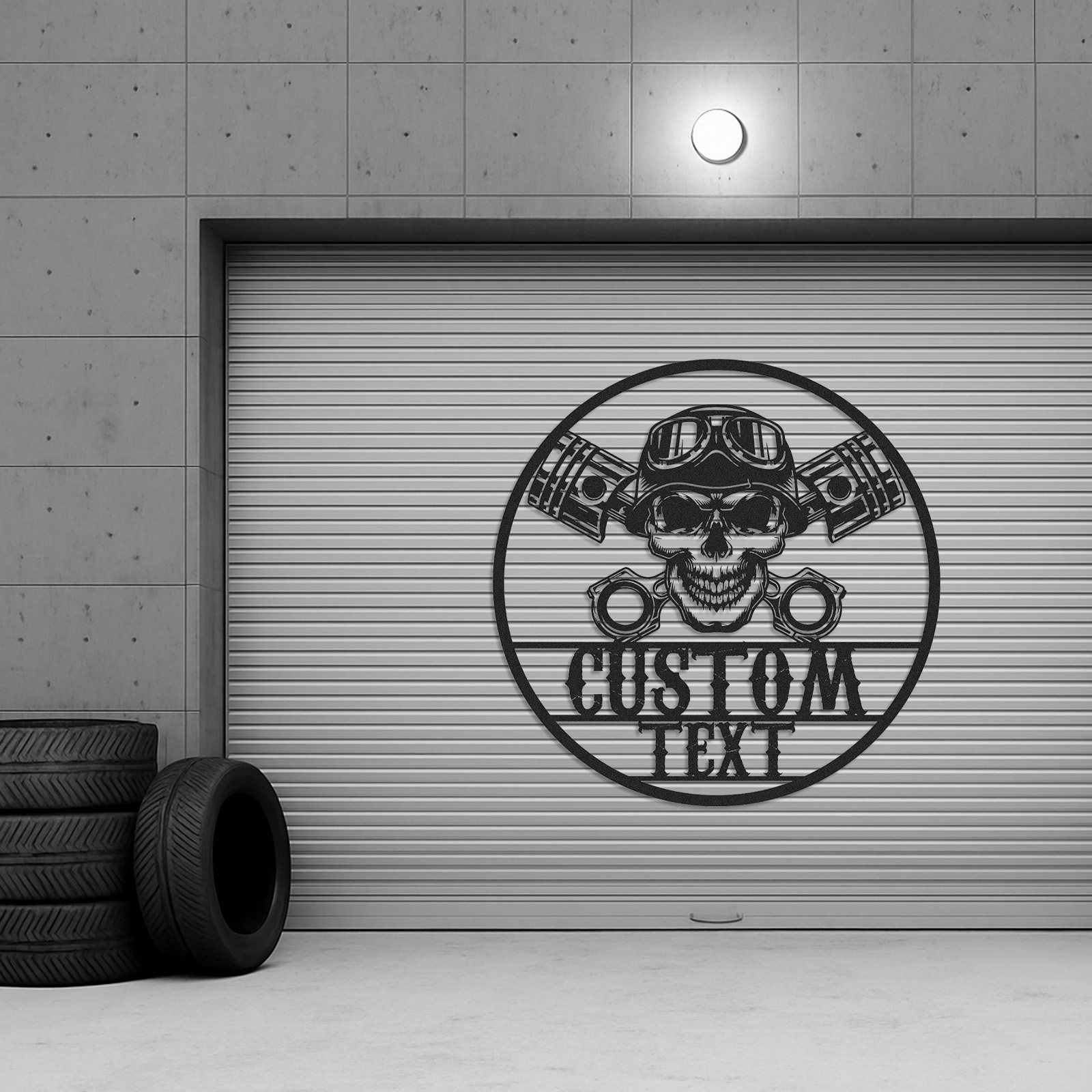 Custom Skull Biker Garage Sign, Personalized Motorcycle Metal Wall Art with Pistons and Goggles, Tough Metal Decor Gift for Biker, Mechanic, or Man Cave