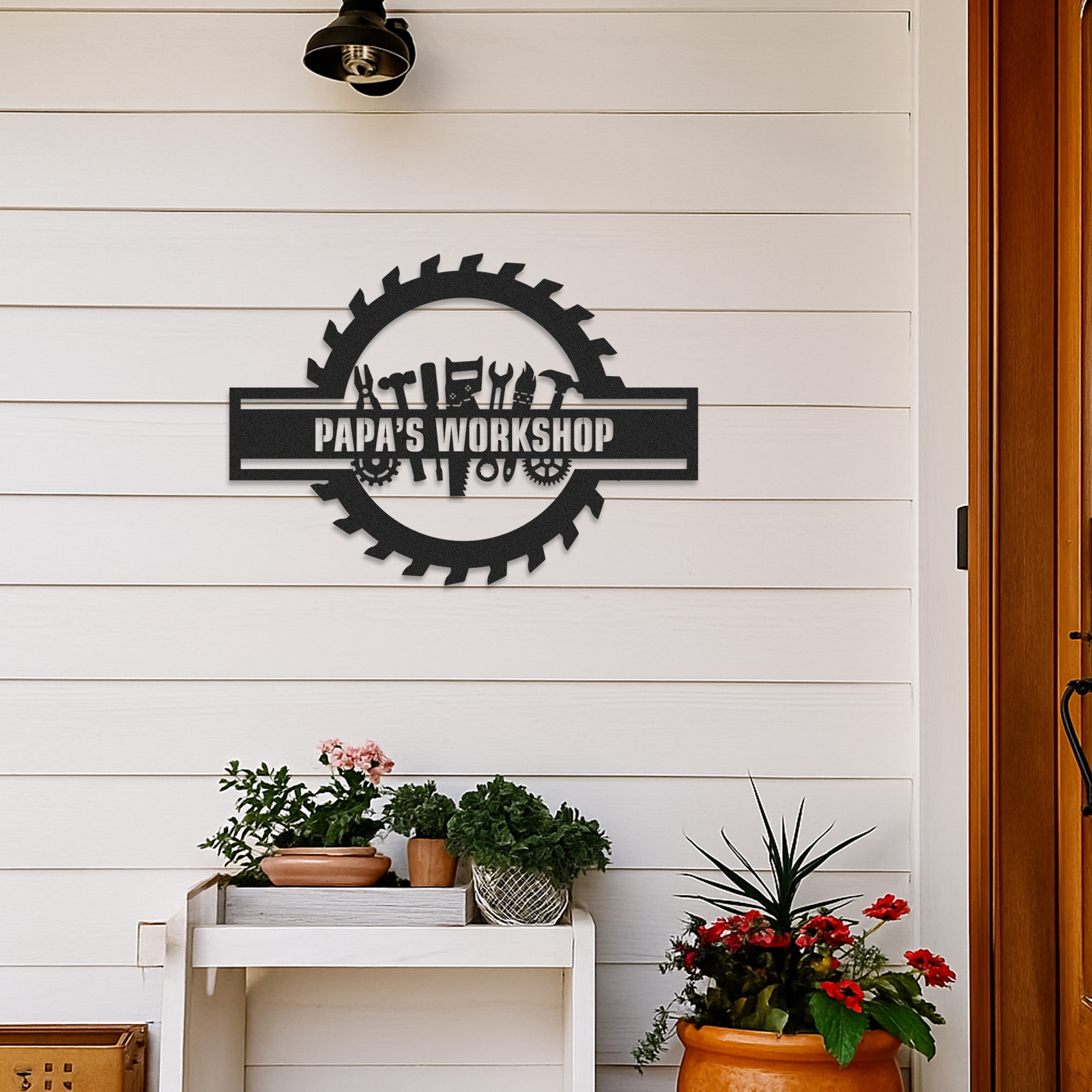 Custom Workshop Sign with Tools, Personalized Papa's Garage Metal Decor, Circular Saw Blade Wall Art for Dad or Grandpa, Gift for Handyman