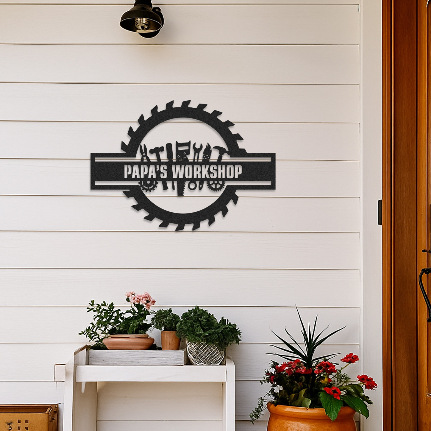 Custom Workshop Sign with Tools, Personalized Papa's Garage Metal Decor, Circular Saw Blade Wall Art for Dad or Grandpa, Gift for Handyman