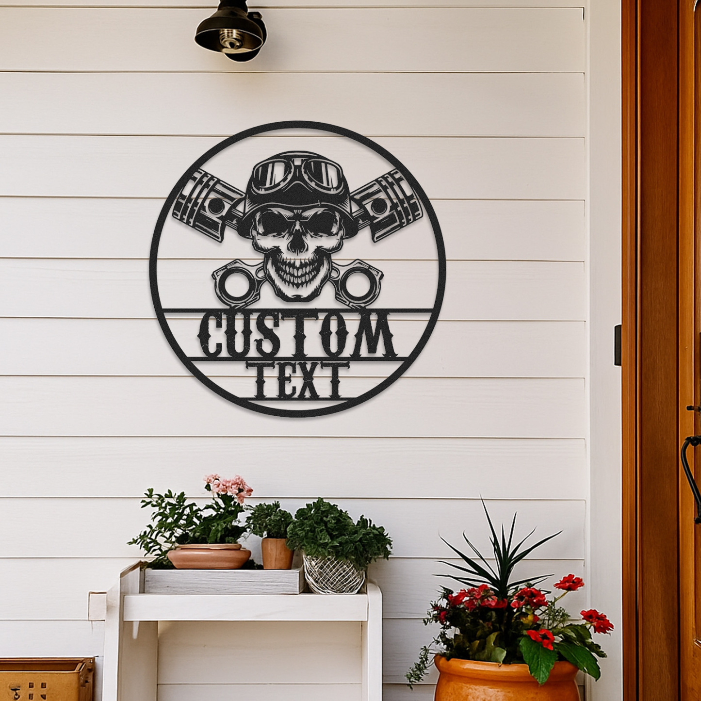 Custom Skull Biker Garage Sign, Personalized Motorcycle Metal Wall Art with Pistons and Goggles, Tough Metal Decor Gift for Biker, Mechanic, or Man Cave
