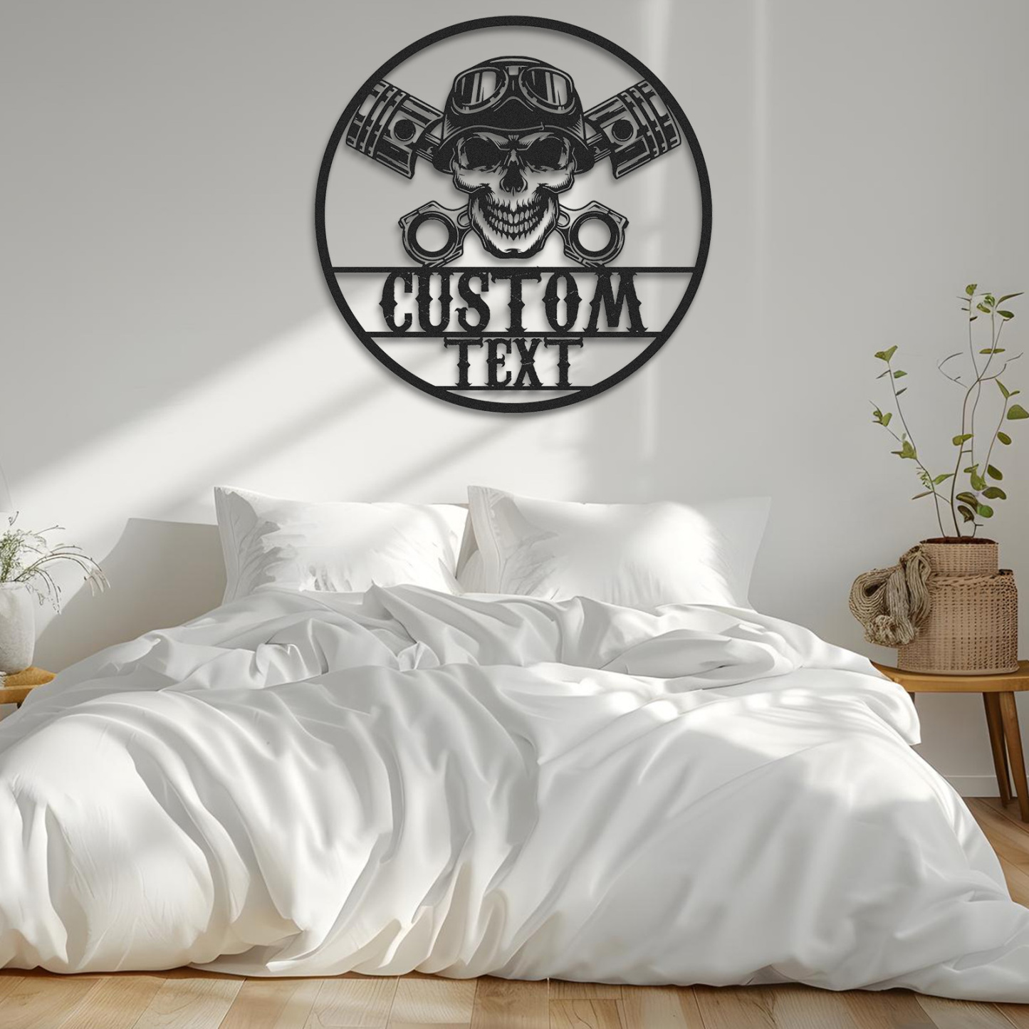 Custom Skull Biker Garage Sign, Personalized Motorcycle Metal Wall Art with Pistons and Goggles, Tough Metal Decor Gift for Biker, Mechanic, or Man Cave