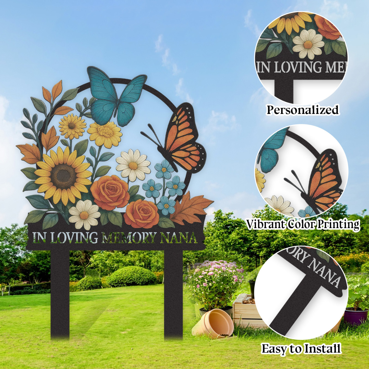 Personalized Memorial Garden Sign, Custom Metal Garden Stake with Flowers and Butterflies, In Loving Memory Yard Sign, Garden Remembrance Decor Gift