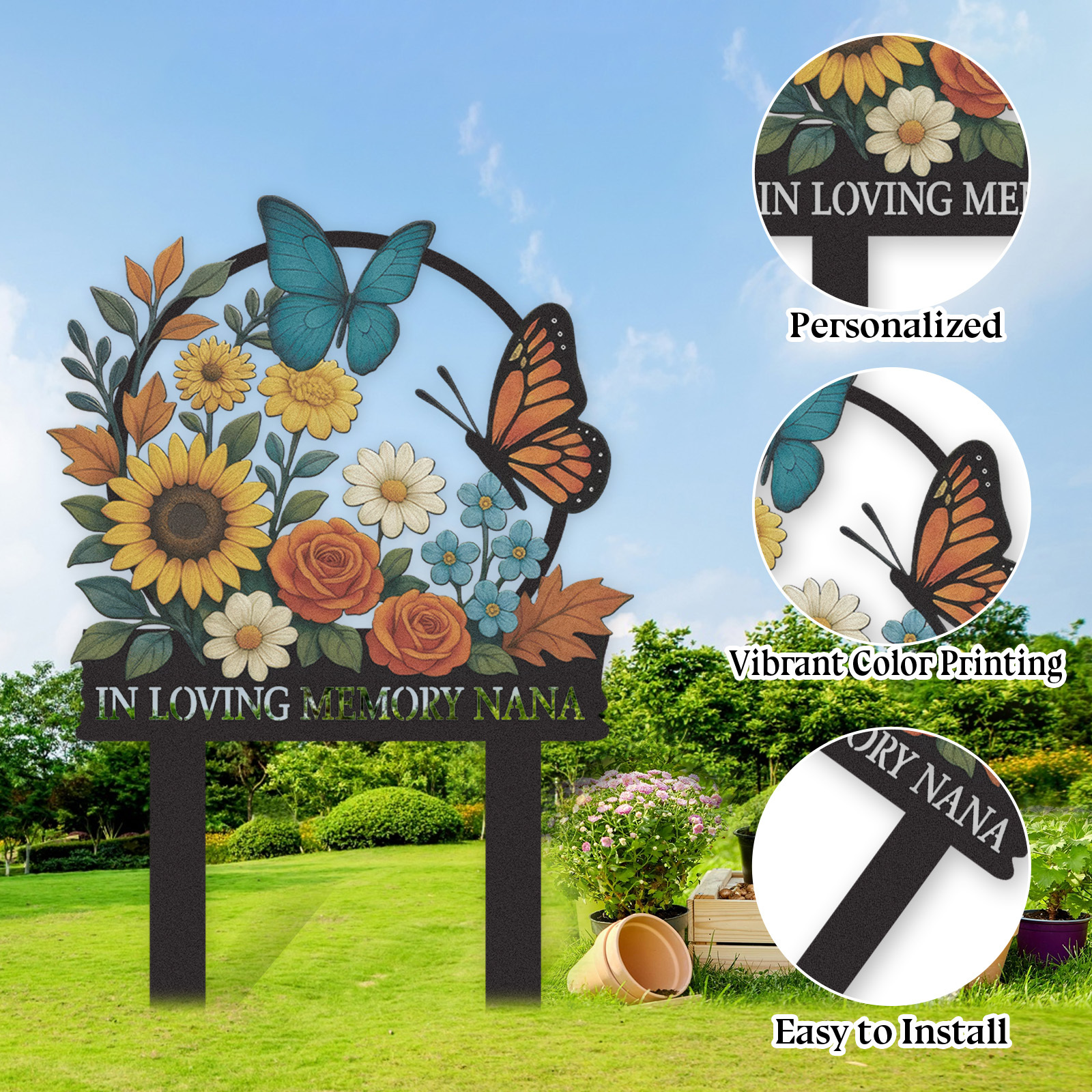 Personalized Memorial Garden Sign, Custom Metal Garden Stake with Flowers and Butterflies, In Loving Memory Yard Sign, Garden Remembrance Decor Gift