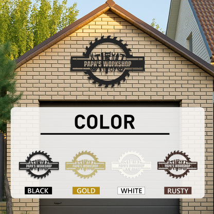 Custom Workshop Sign with Tools, Personalized Papa's Garage Metal Decor, Circular Saw Blade Wall Art for Dad or Grandpa, Gift for Handyman