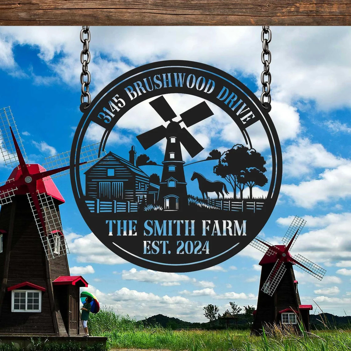 Custom Windmill Farm Sign, Custom Metal Farm Sign, Windmill Wall Decor, Farmhouse Decor, Custom Family Name Sign, Farmer Gift