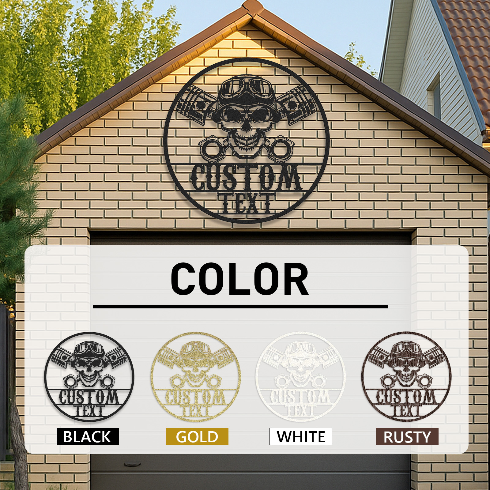 Custom Skull Biker Garage Sign, Personalized Motorcycle Metal Wall Art with Pistons and Goggles, Tough Metal Decor Gift for Biker, Mechanic, or Man Cave