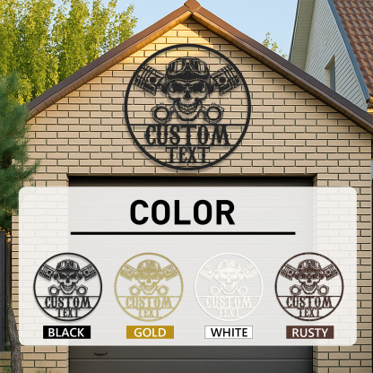 Custom Skull Biker Garage Sign, Personalized Motorcycle Metal Wall Art with Pistons and Goggles, Tough Metal Decor Gift for Biker, Mechanic, or Man Cave