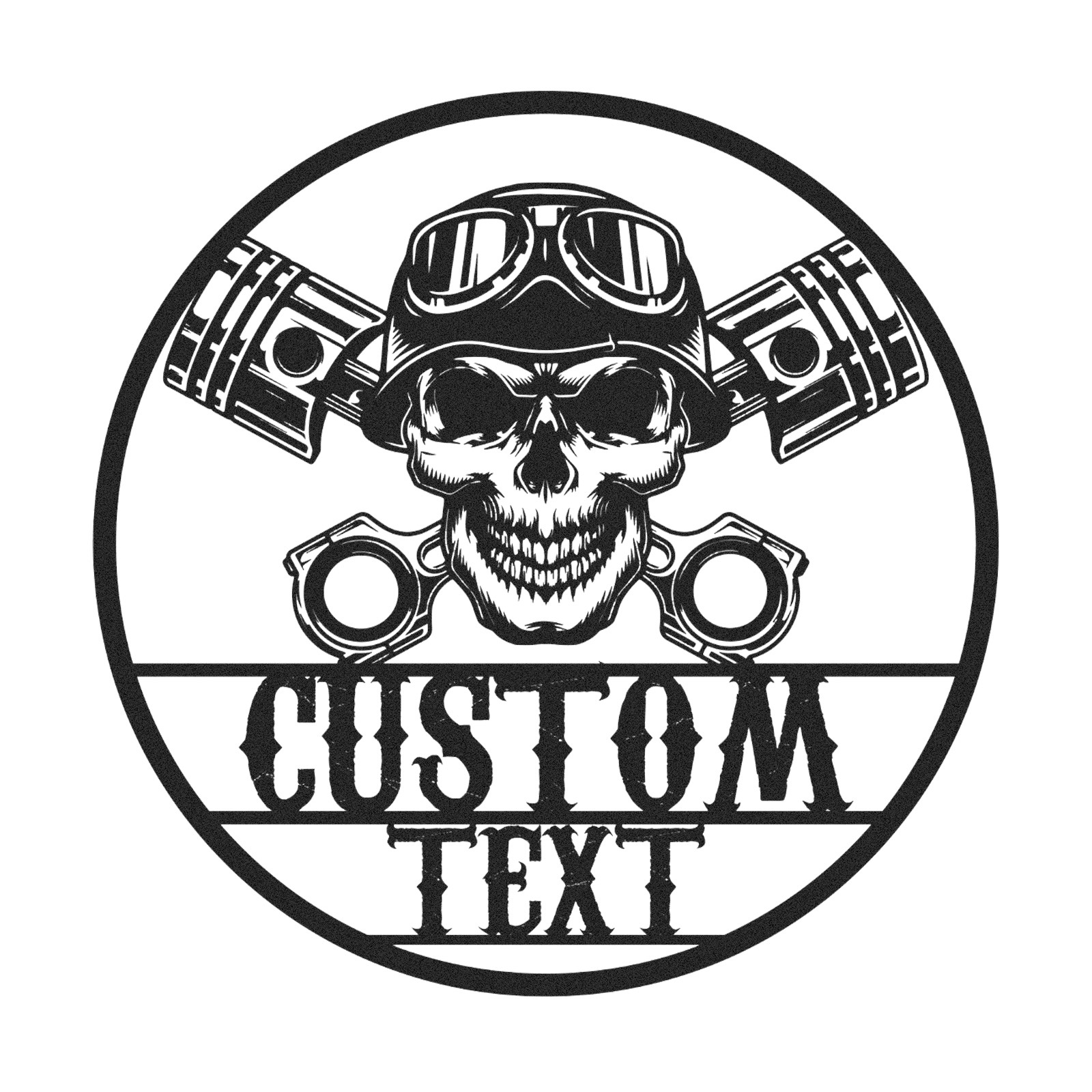 Custom Skull Biker Garage Sign, Personalized Motorcycle Metal Wall Art with Pistons and Goggles, Tough Metal Decor Gift for Biker, Mechanic, or Man Cave
