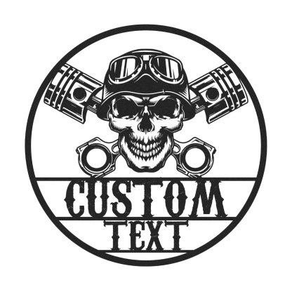 Custom Skull Biker Garage Sign, Personalized Motorcycle Metal Wall Art with Pistons and Goggles, Tough Metal Decor Gift for Biker, Mechanic, or Man Cave