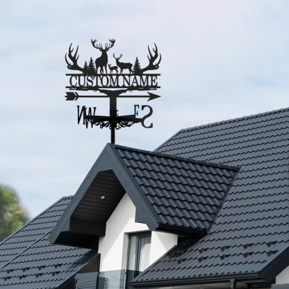 Personalized Deer Family Metal Weather Vane with Custom Name, Elk Antlers Forest Wind Direction Indicator Outdoor Roof Decor for Cabin Lodge Yard