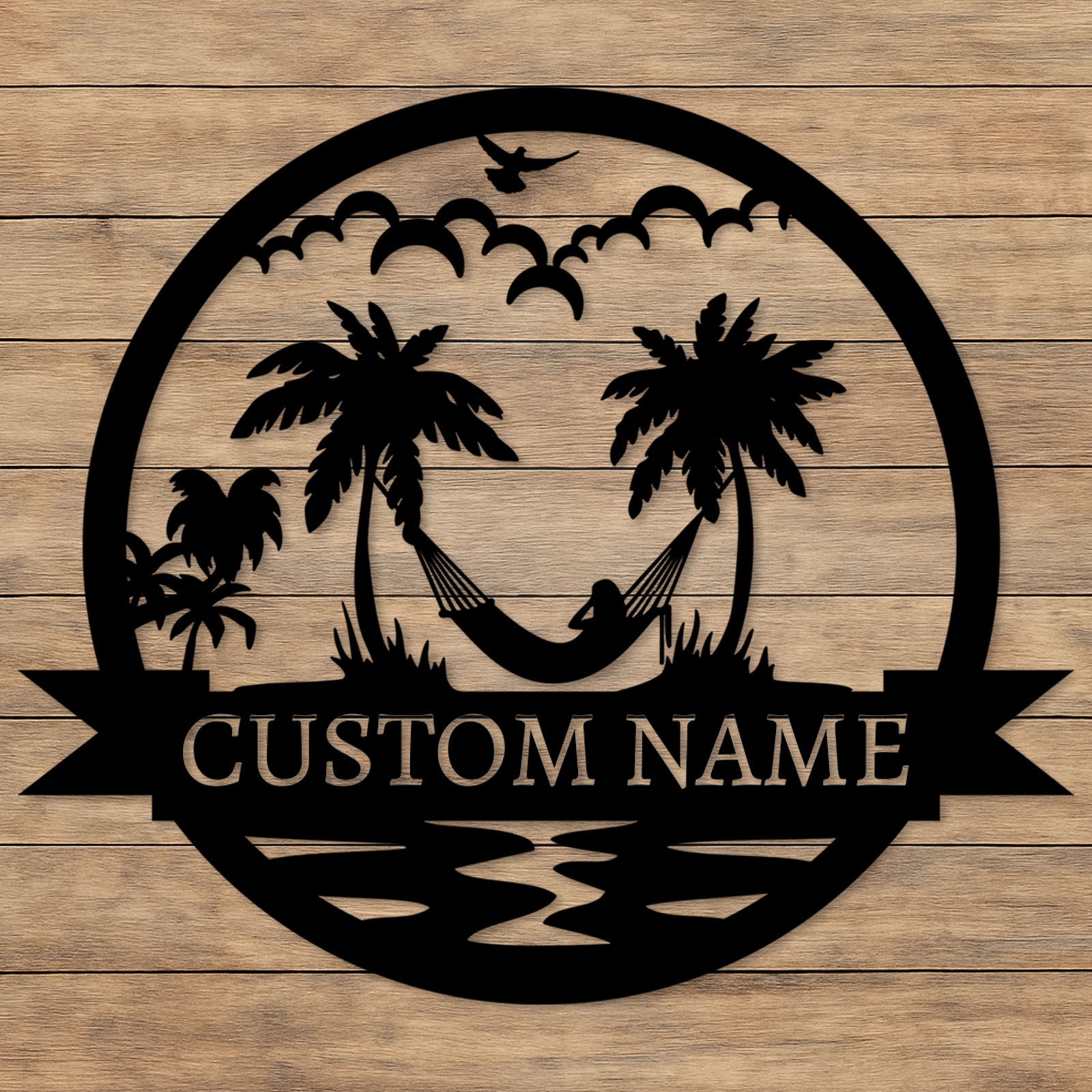 Custom Hammock Metal Sign, Personalized Tropical Palm Tree Wall Art for Beach House, Poolside, or Backyard Relaxation Decor
